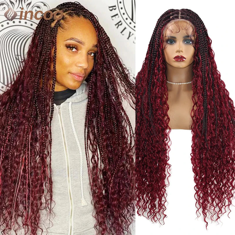 Boho Box Braided Wigs Curly Hair Synthetic Full Lace Front Wigs for Women Goddess Locs Braid Wig Burgundy Bohemian Box Braid Wig