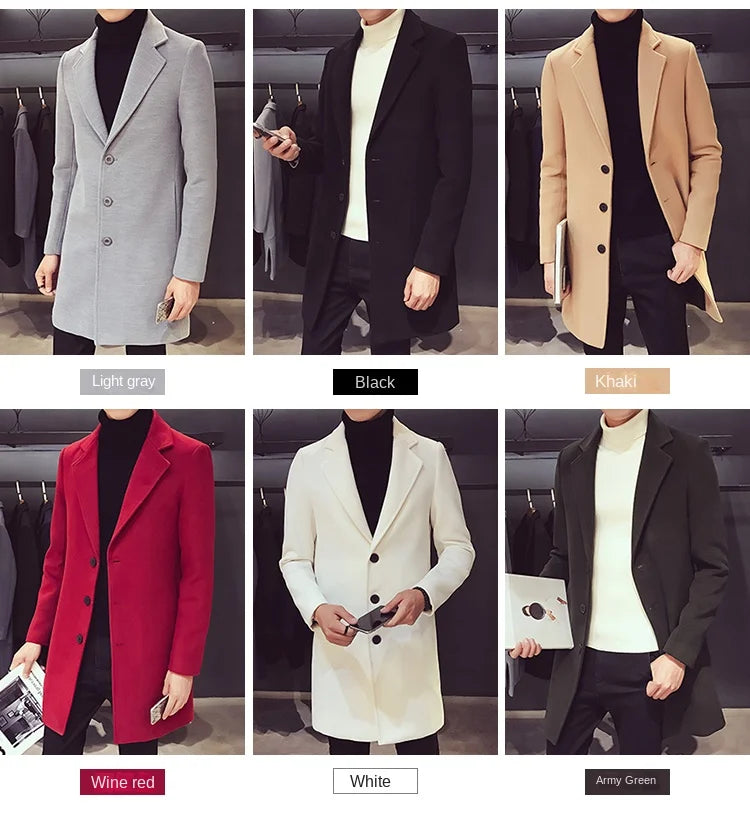 Autumn and Winter Slim Fit Long Wool Coat for Men's Single Breasted Lapel, Street Fashion Business Trench Coat for Men Clothing