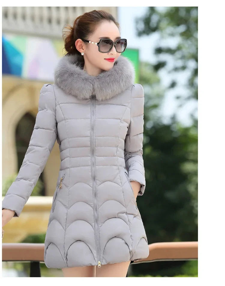 Winter Women Jacket Parka Big Fur Collar Hooded Thick Warm Female Coat Casual Outwear European Fashion Black Tops -30 Degrees