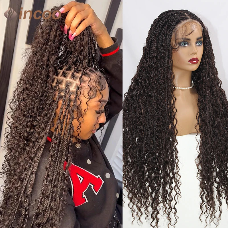 Boho Box Braided Wigs Curly Hair Synthetic Full Lace Front Wigs for Women Goddess Locs Braid Wig Burgundy Bohemian Box Braid Wig