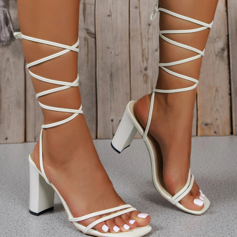 New Summer Elegant Strap Solid Color Square Toe High Heels Open Toe Fashion Sexy Banquet Women's Shoes