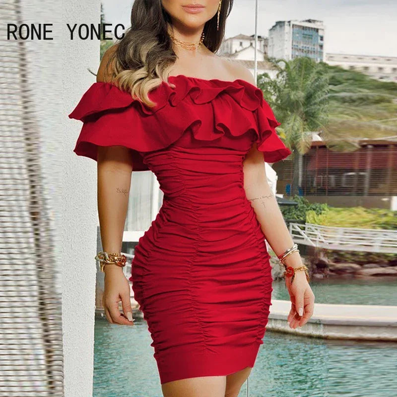 Women Elegant  Off  Shoulder Cascasing Ruffle Hem Folds  Mini Bodycon Party Dresses