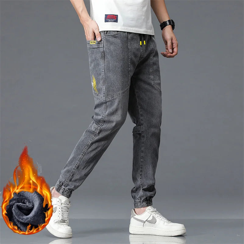 New Winter Men Warm Thermal Black Blue Cargo Jeans Fleece Streetwear Denim Jogger Pants Thick Fur Baggy Harem Trousers Plus Size