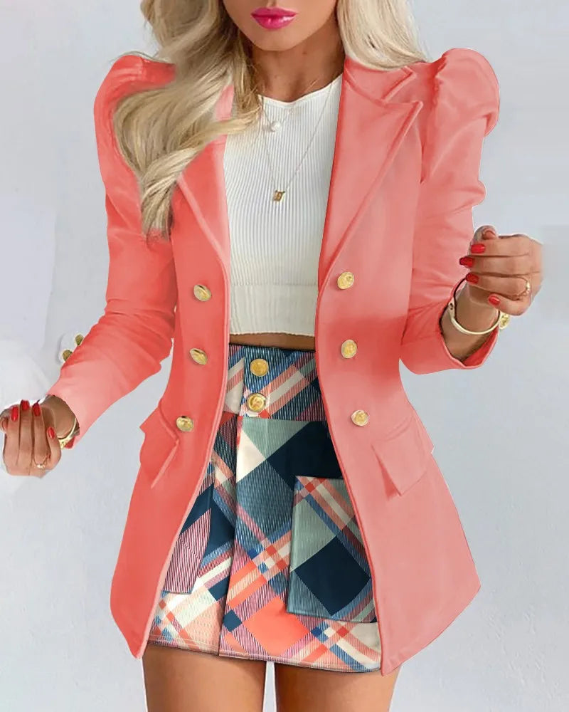 Women's Elegant Plaid Print Blazers Skirt Two Piece Set Spring Summer Fashion Long Sleeve Coat And Skirt Sets Office Ladies Suit