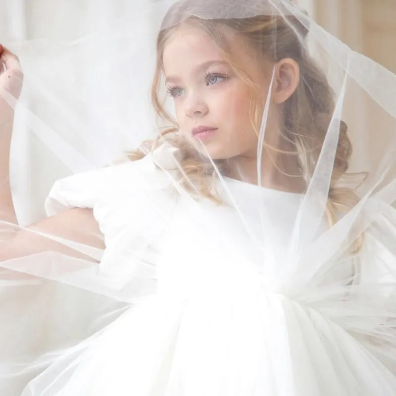 Robes de demoiselles d'honneur élégantes pour filles, robe blanche fleurie, robe de fête d'anniversaire pour enfants, robe de bal princesse en tulle, tutu luxueux, tenue de gala formelle.