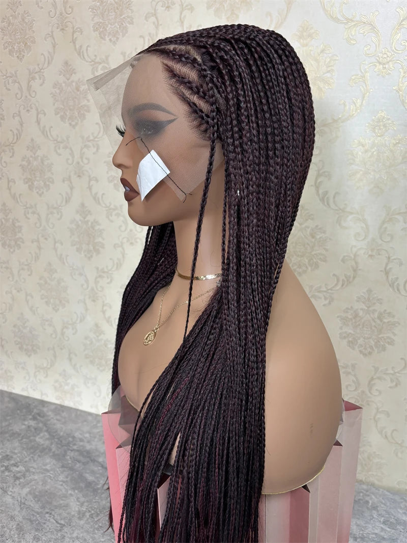 Dark 99J Synthetic Full Lace Braided Wig Crochet Braid Lace Frontal Wig Wine Color Knotless Box  Braids Wig for Black Women