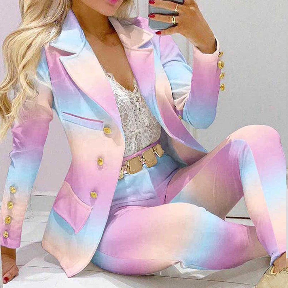 Fashion Women Jacket + Pants 2 Piece Set Spring New Button Long Sleeve Turn-down Collar Print Suit Casual Blazer Versatile Set