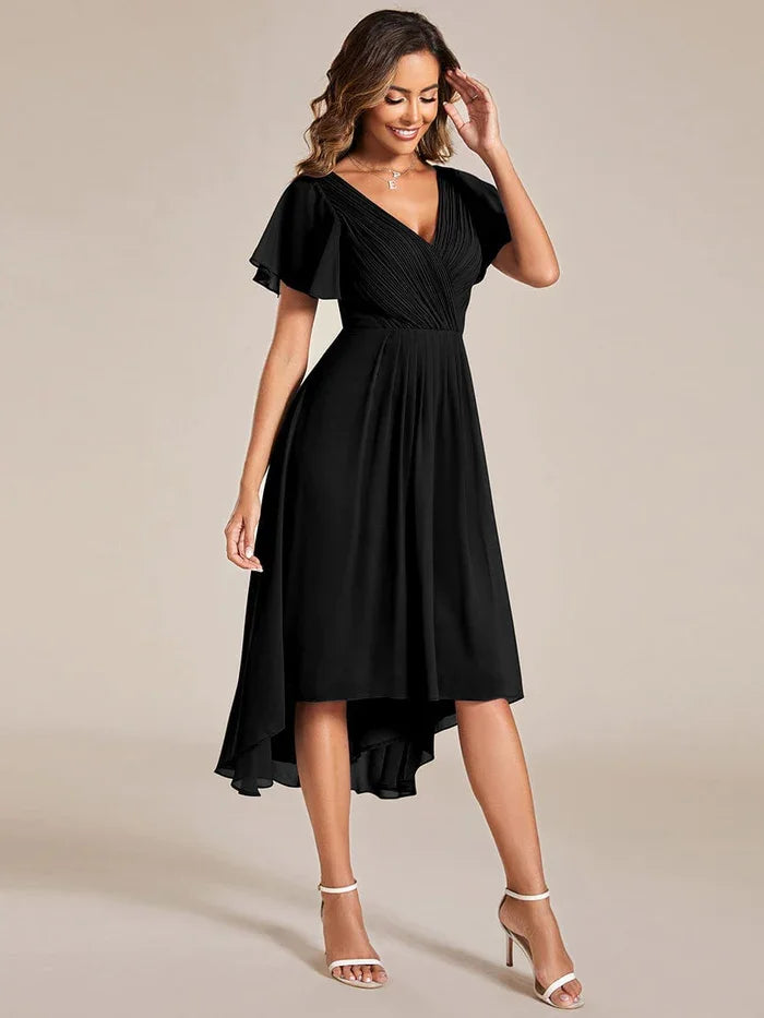 Ever-Pretty 2024 Woman'S  Chic V Neck Asymmetrical Hem Ruffles Sleeve Pleated Chiffon Dress