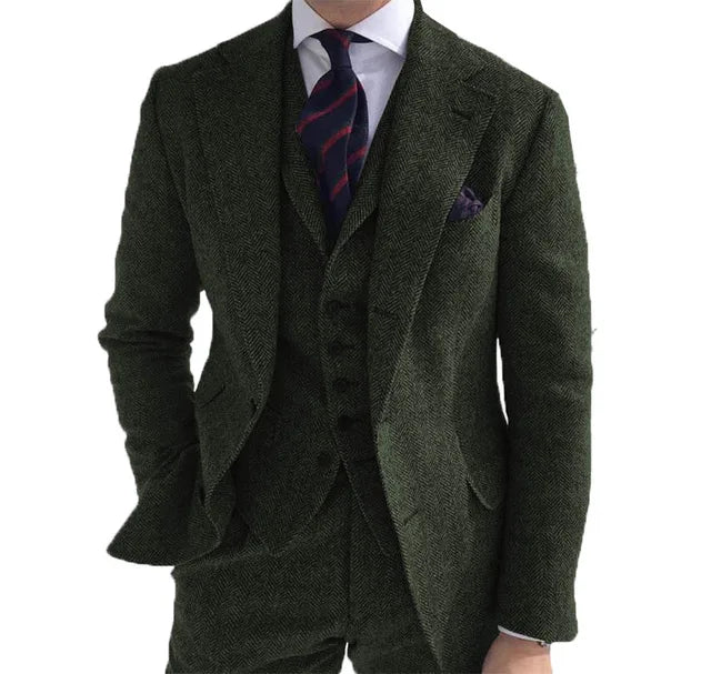 Men‘s Suits 3 Pieces Green Wool Tweed Herringbone Business Retro Classic PatternTuxedos For Wedding Blazer Pants Vest