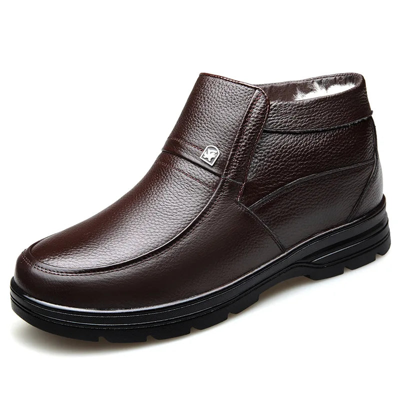 New in Men's Genuine Leather Boots Winter Snow Shoes Wool Inner Anti slip Father Ankle Boots Waterproof Warm Man Cotton Boot