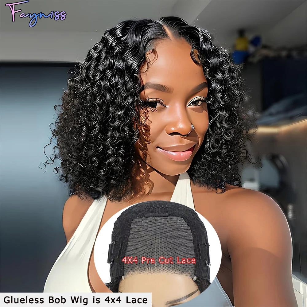 Fayniss Glueless Wig Human Hair Ready To Wear Deep Wave Bob Wigs For Women Water Wave Bob Wig 100% Human Hair Wigs Pre Cut Lace