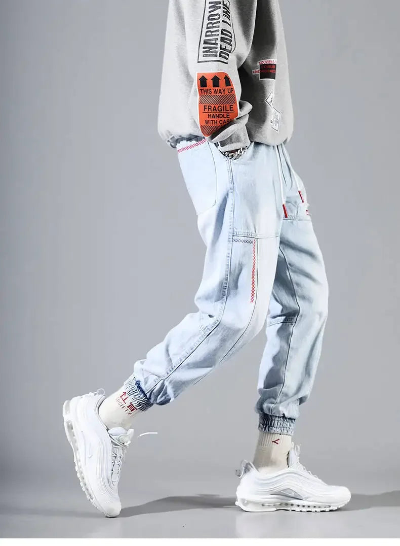 S-5XL Baggy Denim Pants for Men Autumn/winter Trendy Loose Cargo Jeans Casual Korean Slim Legged Male Hip-Hop Capri Pants Blue