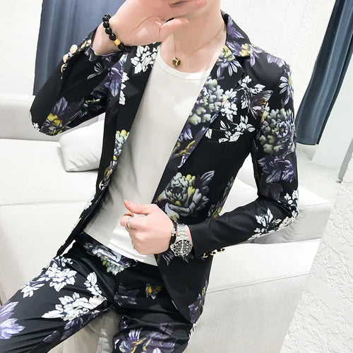 (Jackets+Pants) 2023 Men's Spring Printed Business Blazers/Male Slim Fit Casual Suit of Two Pieces Groom's Wedding Dress S-3XL