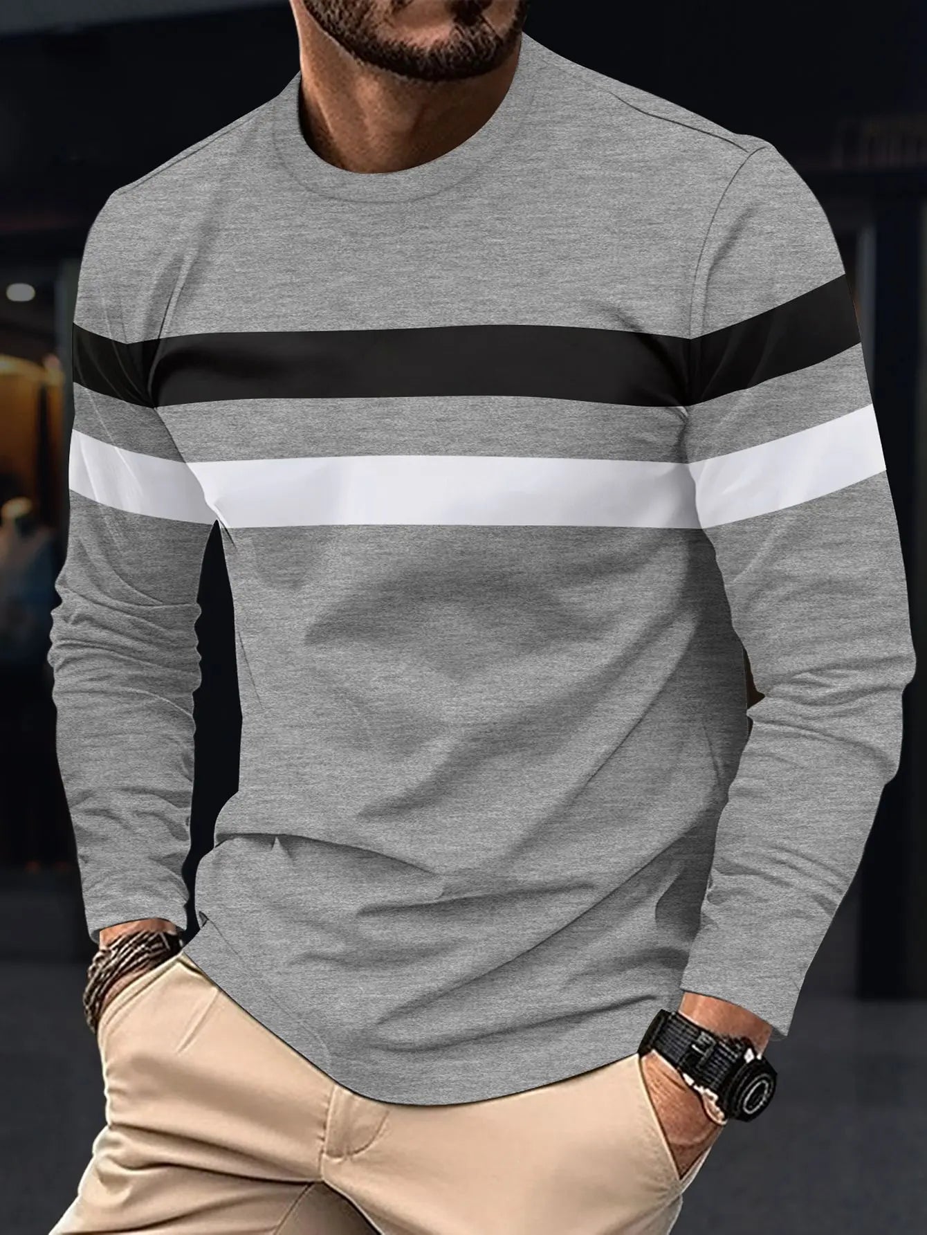 2024 Spring and Autumn Fashion Men's Long Sleeve Round Neck Splicing T-shirt Business Anti Wrinkle Street Wear Casual Top