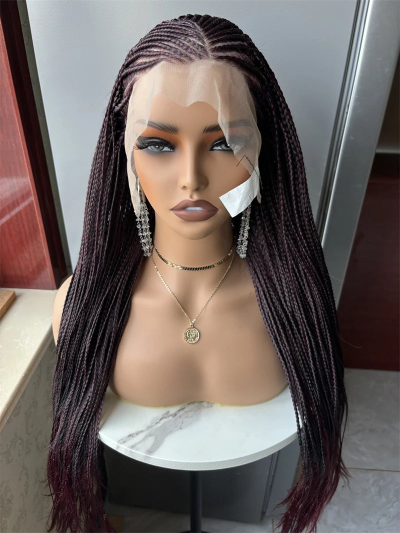 Dark 99J Synthetic Full Lace Braided Wig Crochet Braid Lace Frontal Wig Wine Color Knotless Box  Braids Wig for Black Women