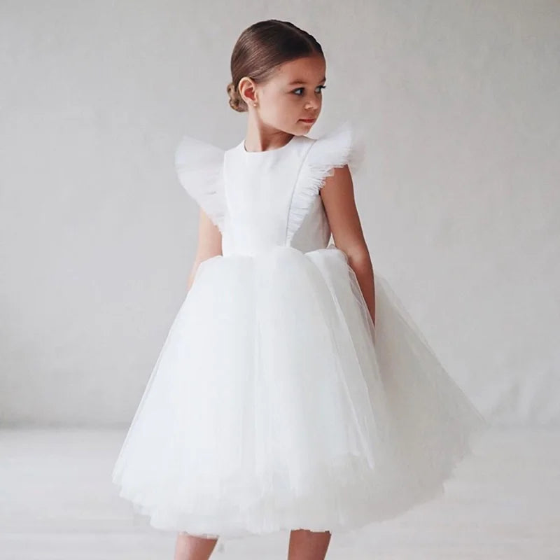 Robes de demoiselles d'honneur élégantes pour filles, robe blanche fleurie, robe de fête d'anniversaire pour enfants, robe de bal princesse en tulle, tutu luxueux, tenue de gala formelle.