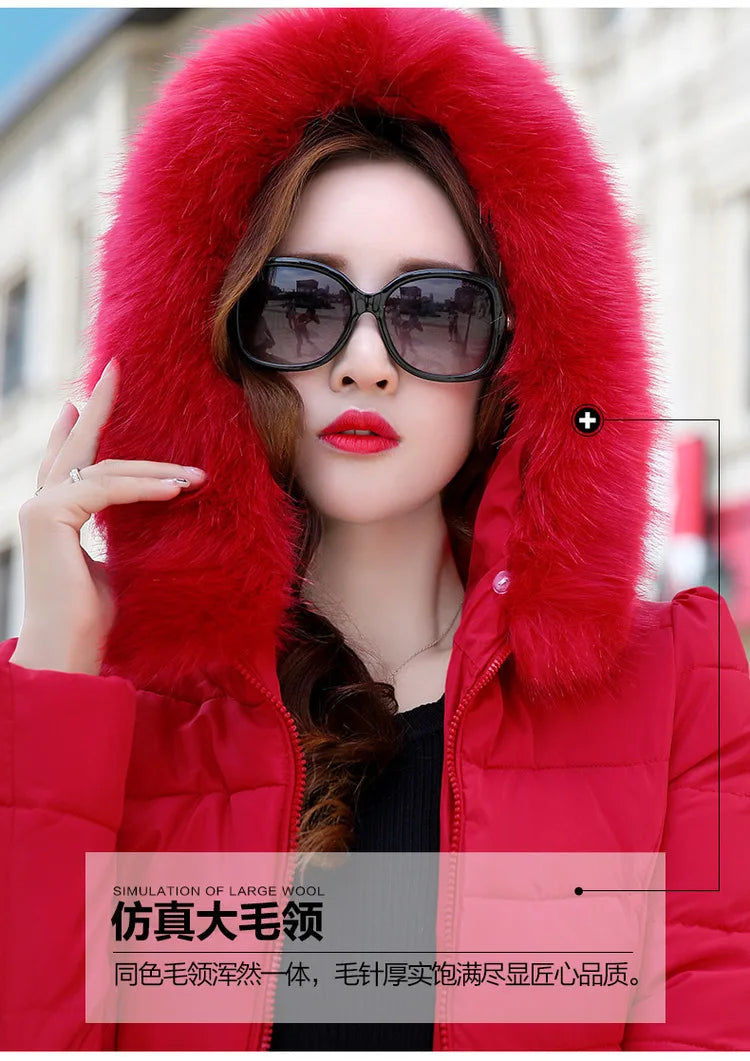 Winter Women Jacket Parka Big Fur Collar Hooded Thick Warm Female Coat Casual Outwear European Fashion Black Tops -30 Degrees