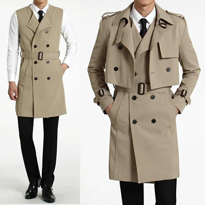 Spring Men's Fashion Long Trench Coat New Autumn Waterproof Loose Cotton Windbreaker Jacket Male Solid Double Breasted Outerwear