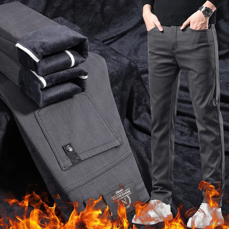 2024 Winter New Men's Warm Slim Fit Business Casual Fashion Thicken Trousers Fleece Stretch Brand Pants Black Grey Army Green