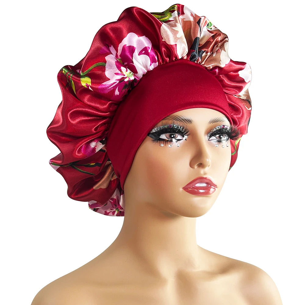 Women Satin Bonnet Cap Silky Big Bonnet for Women Floral Printing Sleep Cap Design Boneet's