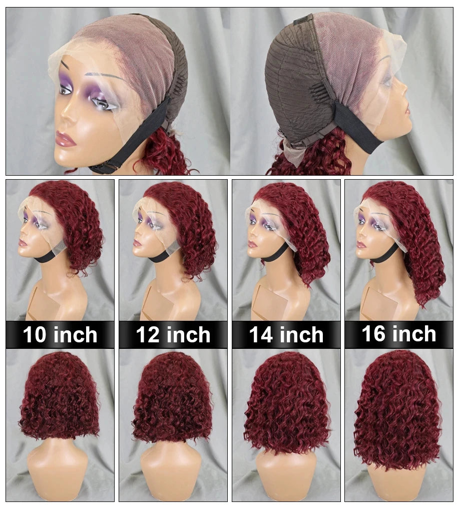 99J Burgundy Short Kinky Curly Bob Wigs Human Hair 13X4 Transparent Lace Wigs Deep Wave Brazilian Human Hair Lace Frontal Wig