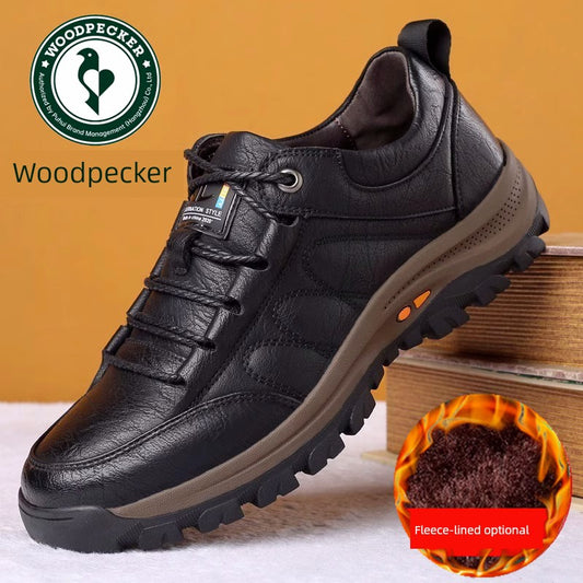 Woodpecker Men's Shoes Autumn and Winter Leather Shoes Men Casual Leather Shoes Men Non-Slip Hiking Shoes Cotton-Padded Shoes with Velvet Men Dad Shoes