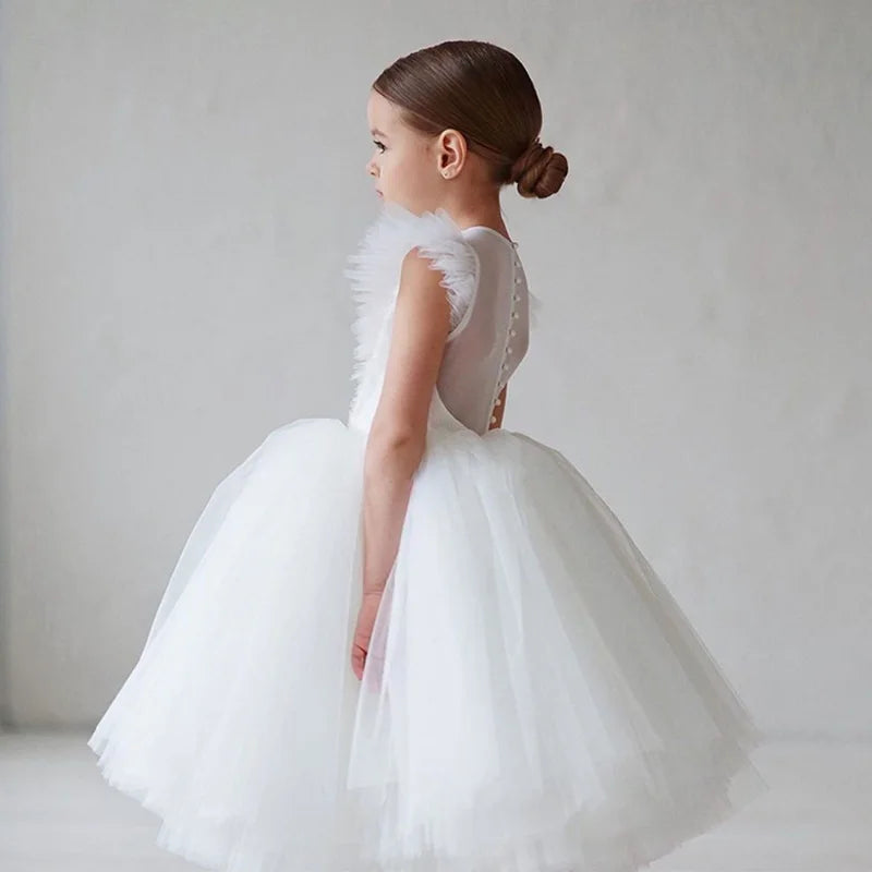 Robes de demoiselles d'honneur élégantes pour filles, robe blanche fleurie, robe de fête d'anniversaire pour enfants, robe de bal princesse en tulle, tutu luxueux, tenue de gala formelle.