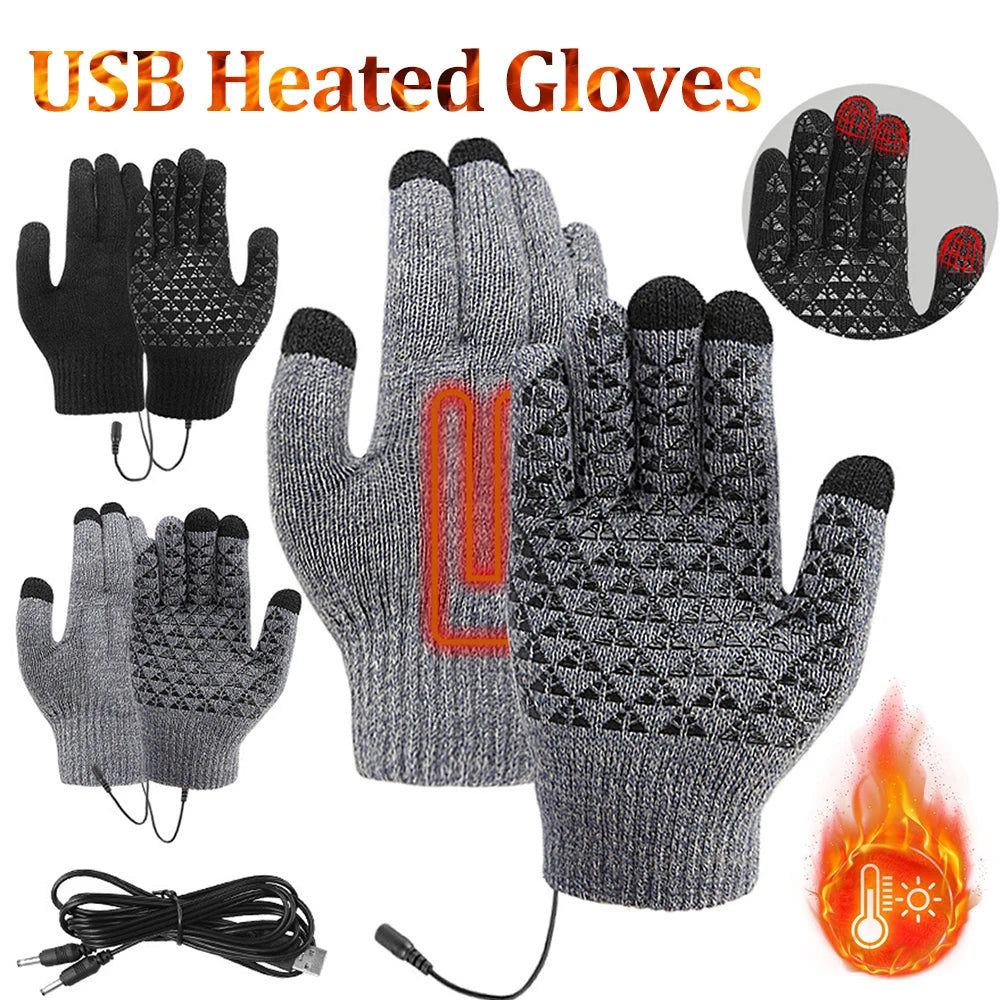 USB Electric Heated Gloves Winter Gloves Thermal Touch Screen Thermal Windproof Warm Knitted Glove Motorcycle Bicycle Gloves