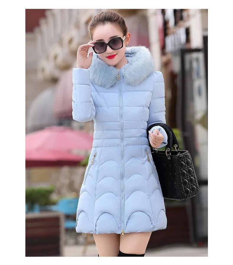 Cotton Padded Women Hoodie Medium Length Slim Fit Knee Length Bread Jacket Niche Plush and Thick Hooded Gentle and Versatile