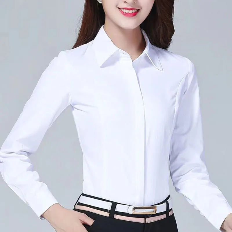 Fashion Women White Shirts Korean Long-sleeve Professional Formal Work Shirt Ladies Office OL Buttons Turndown Collar Blouses