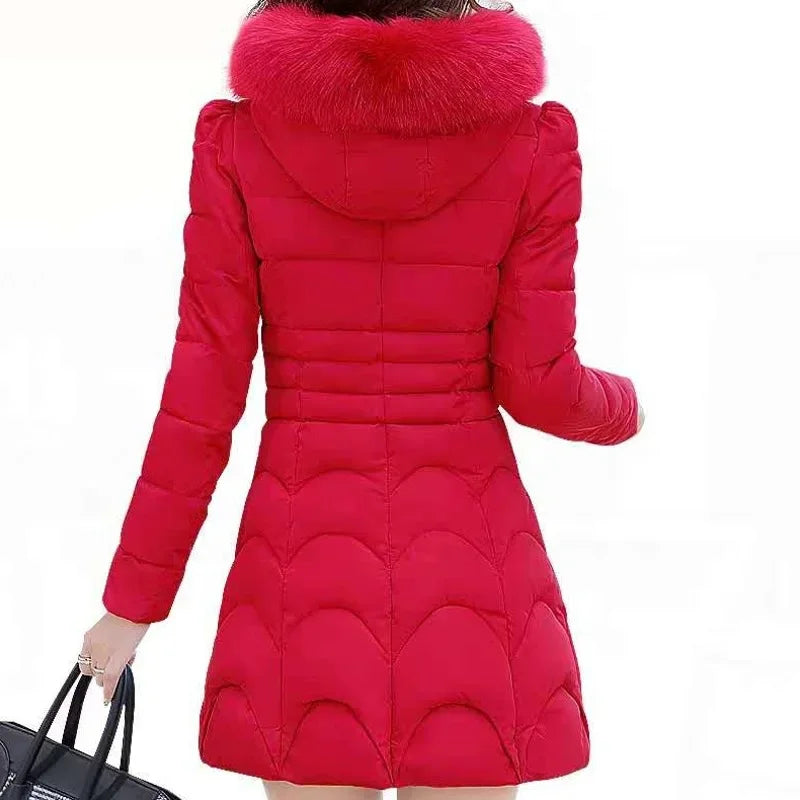 Cotton Padded Women Hoodie Medium Length Slim Fit Knee Length Bread Jacket Niche Plush and Thick Hooded Gentle and Versatile