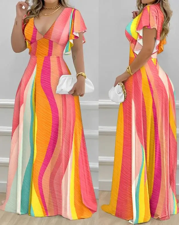 New Fashion 2024 Summer Casual Colorblock V-Neck Bell Sleeve Maxi Dress Sexy Elegant Dresses for Women Female Clothing Outfits