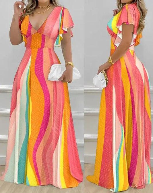 New Fashion 2024 Summer Casual Colorblock V-Neck Bell Sleeve Maxi Dress Sexy Elegant Dresses for Women Female Clothing Outfits