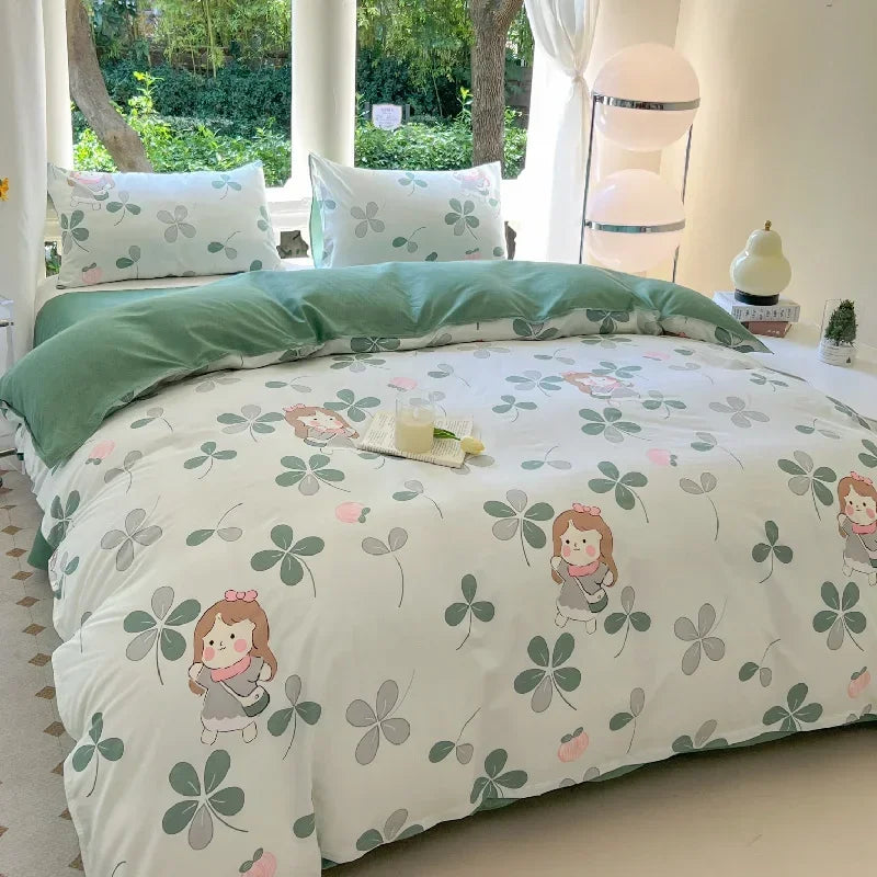 Kawaii Bear Bed Set Floral Duvet Cover Bed Linen Sheet Pillowcase Bedding Cute Dog Quilt Cover Full Queen King Size for Children