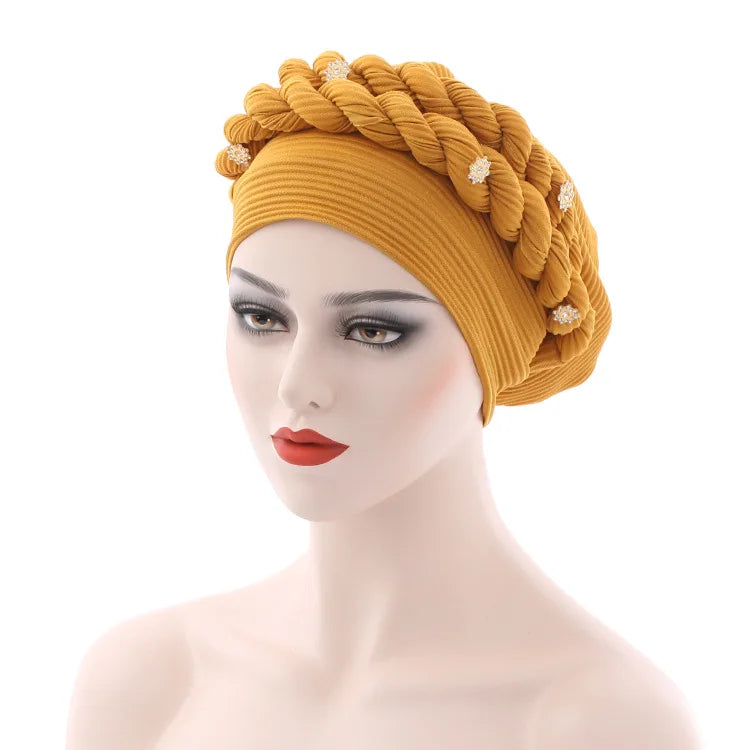Double Braid Diamonds Halo Turban Cap Lady Cancer Chemo Caps Female Beanie Bonnet Hair Loss Cover African Head Wraps