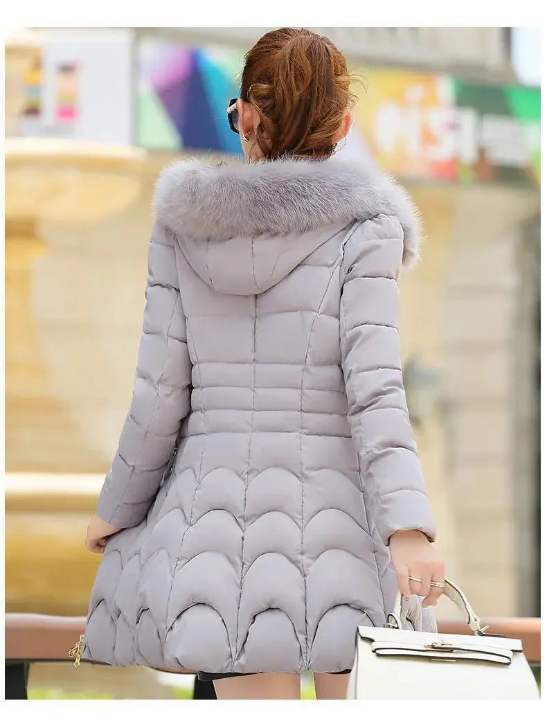 Cotton Padded Women Hoodie Medium Length Slim Fit Knee Length Bread Jacket Niche Plush and Thick Hooded Gentle and Versatile