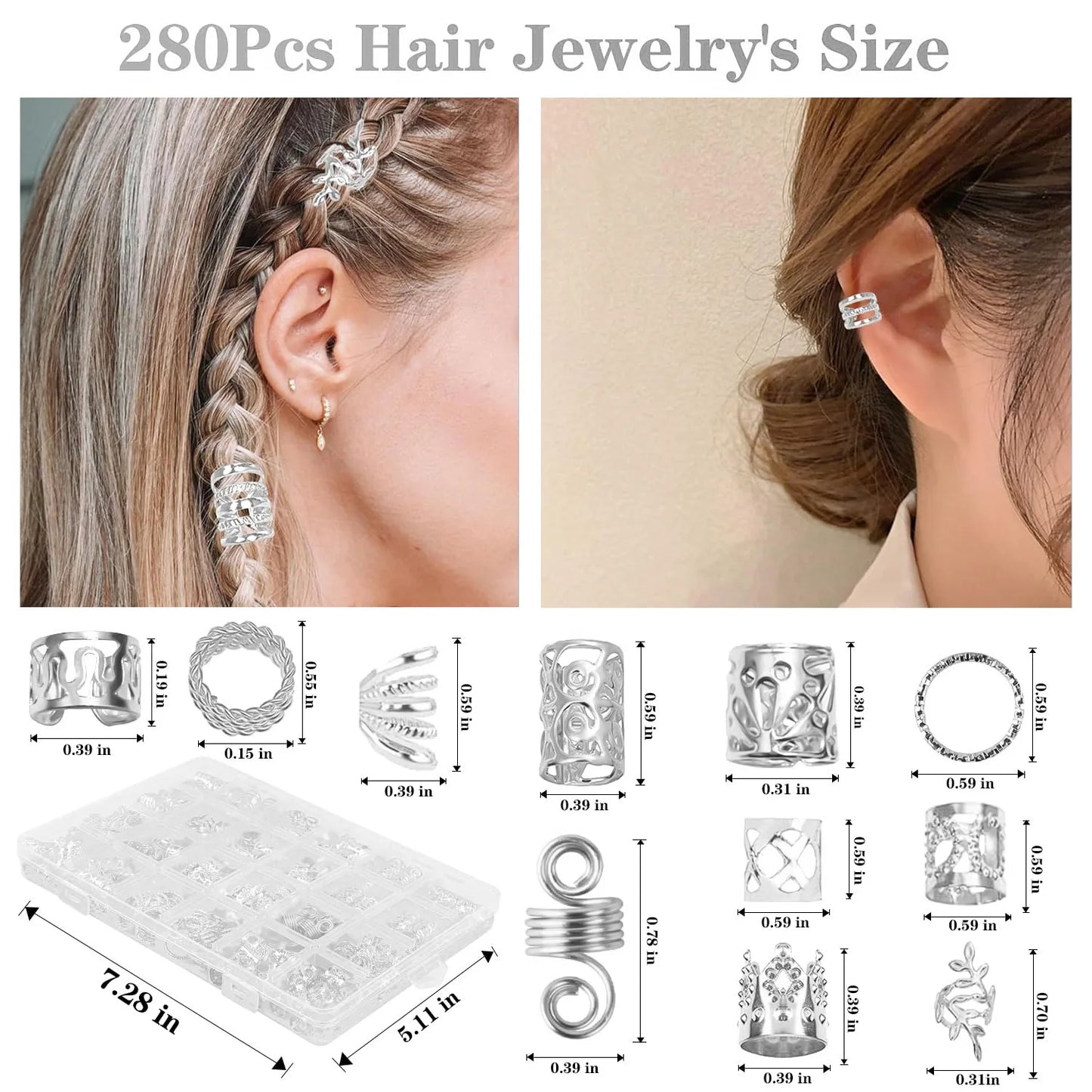 290Pcs Silver Gold Hair Beads Jewelry Braid Accessories Hair Clips Dreadlocks Braiding Braid Cuffs Metal Hair Rings Charms