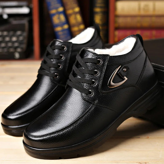 New in Men's Genuine Leather Boots Winter Snow Shoes Wool Inner Anti slip Father Ankle Boots Waterproof Warm Man Cotton Boot