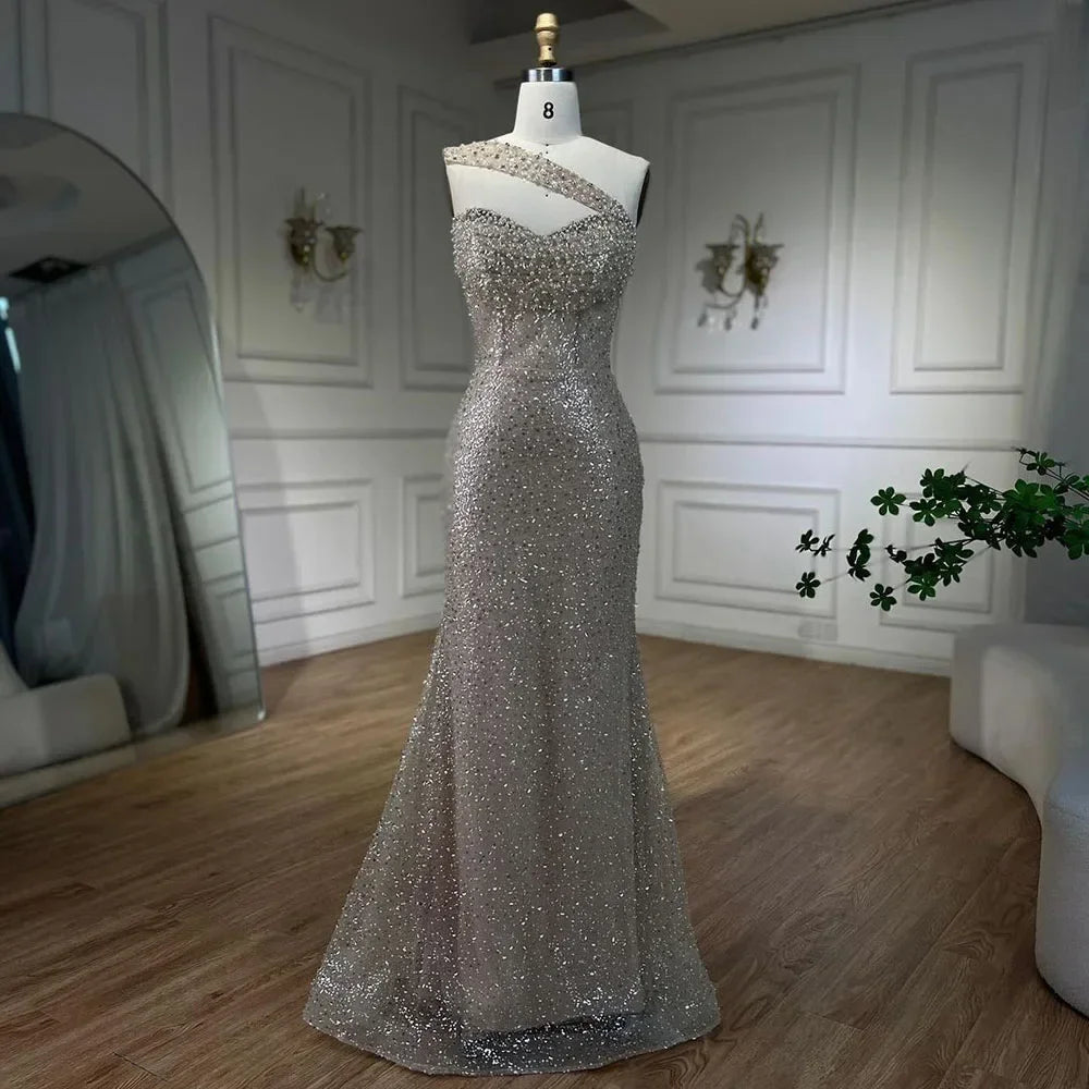 Customized2024 Arab Nude One Shoulder Mermaid Evening Dress Elegant Luxury Gown With Beaded For Party LA72365 Customized