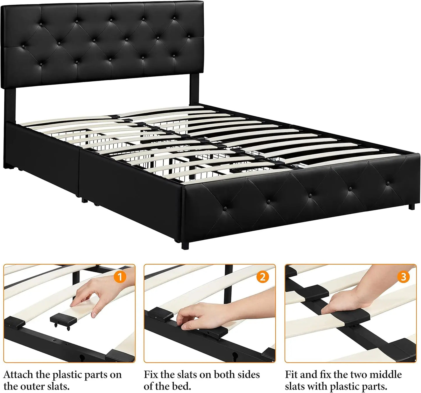 Upholstered Bed Frame with 4 Drawers and Adjustable Headboard, Faux Leather Platform Bed, Queen Size