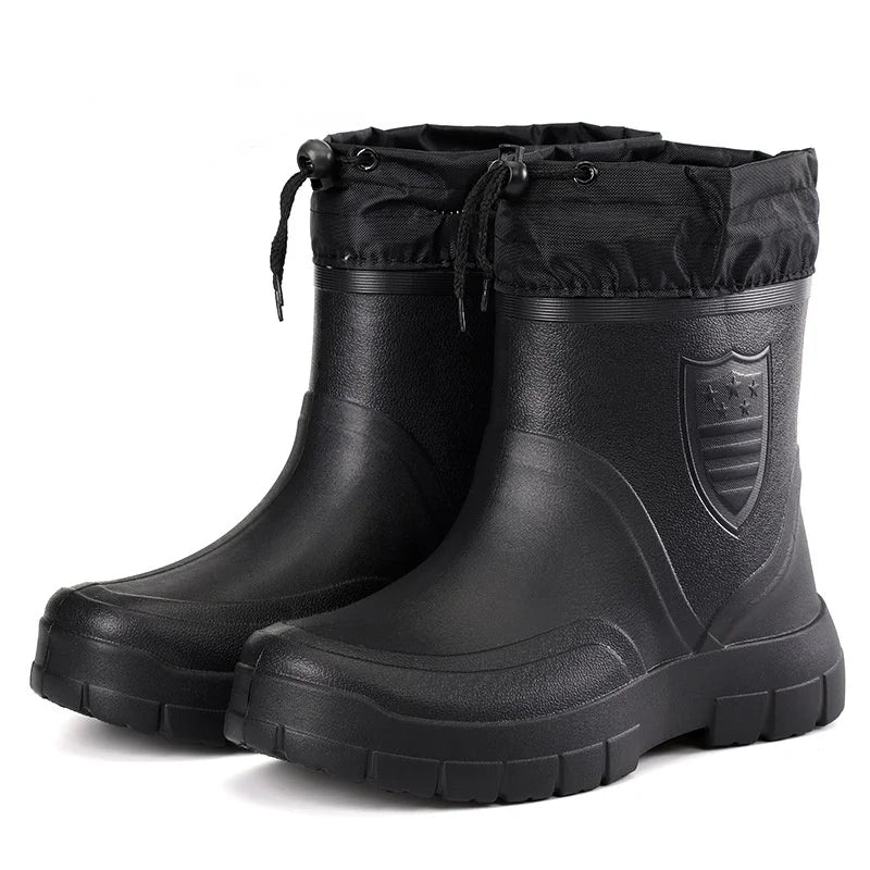 2024 Winter Windproof Cotton Rain Boots Men Warm Light Ankle Rainboots Fashion Black Slip on Rain Shoes Men Waterproof Work Boot