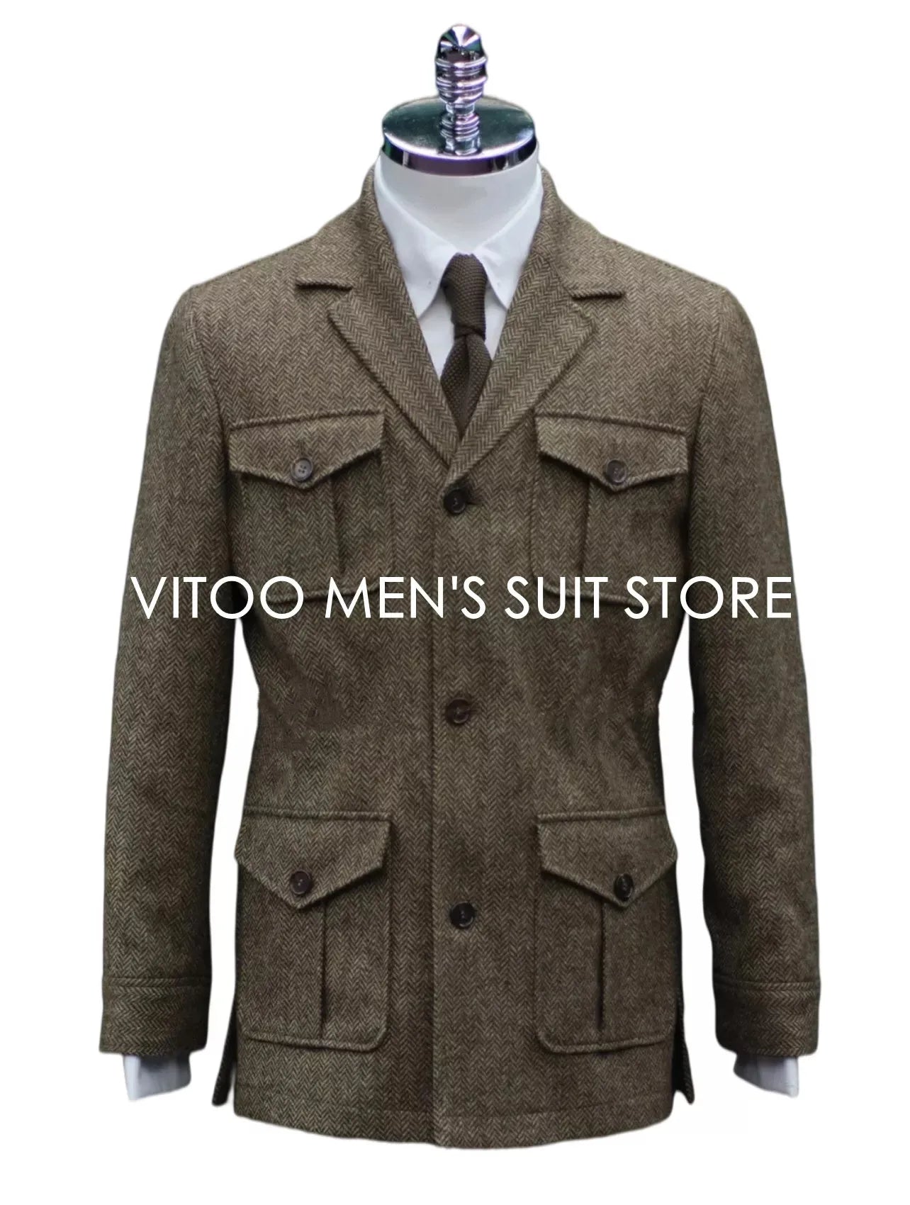 Winter Tweed Herringbone Men Suits/Classic Safari Jacket With Four Envelope Pocket/Unique Design Casual Male Clothing Coat+Tie