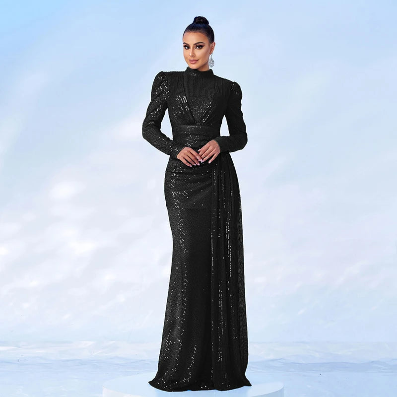 Women Luxury Elegant 2024 Long Sleeve O Neck Sequined Evening Party Formal Occasion Cocktail Prom Bridesmaid Maxi dresses