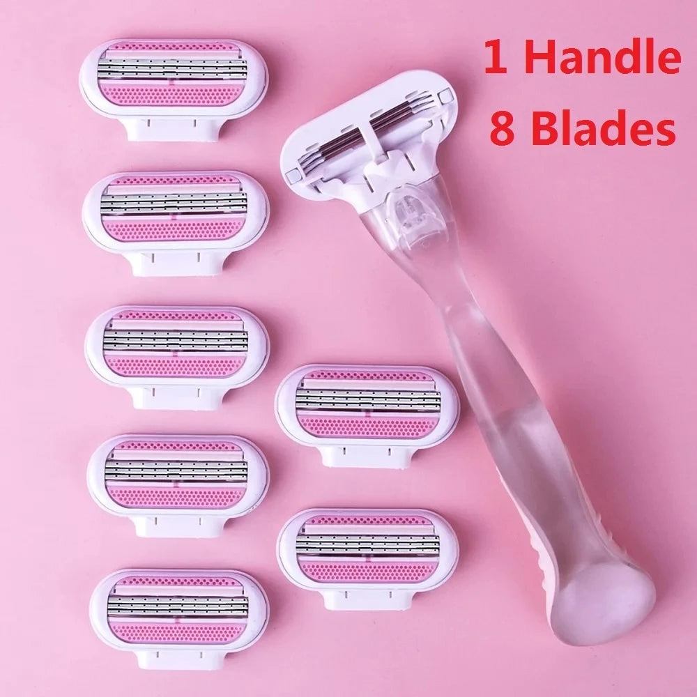 1 Handle + 4/8 Blade Women Safety Razor Blades Face/ Leg/ Armpit/ Bikini Beauty Hair Removal Shaving Compatible Venus Shaver