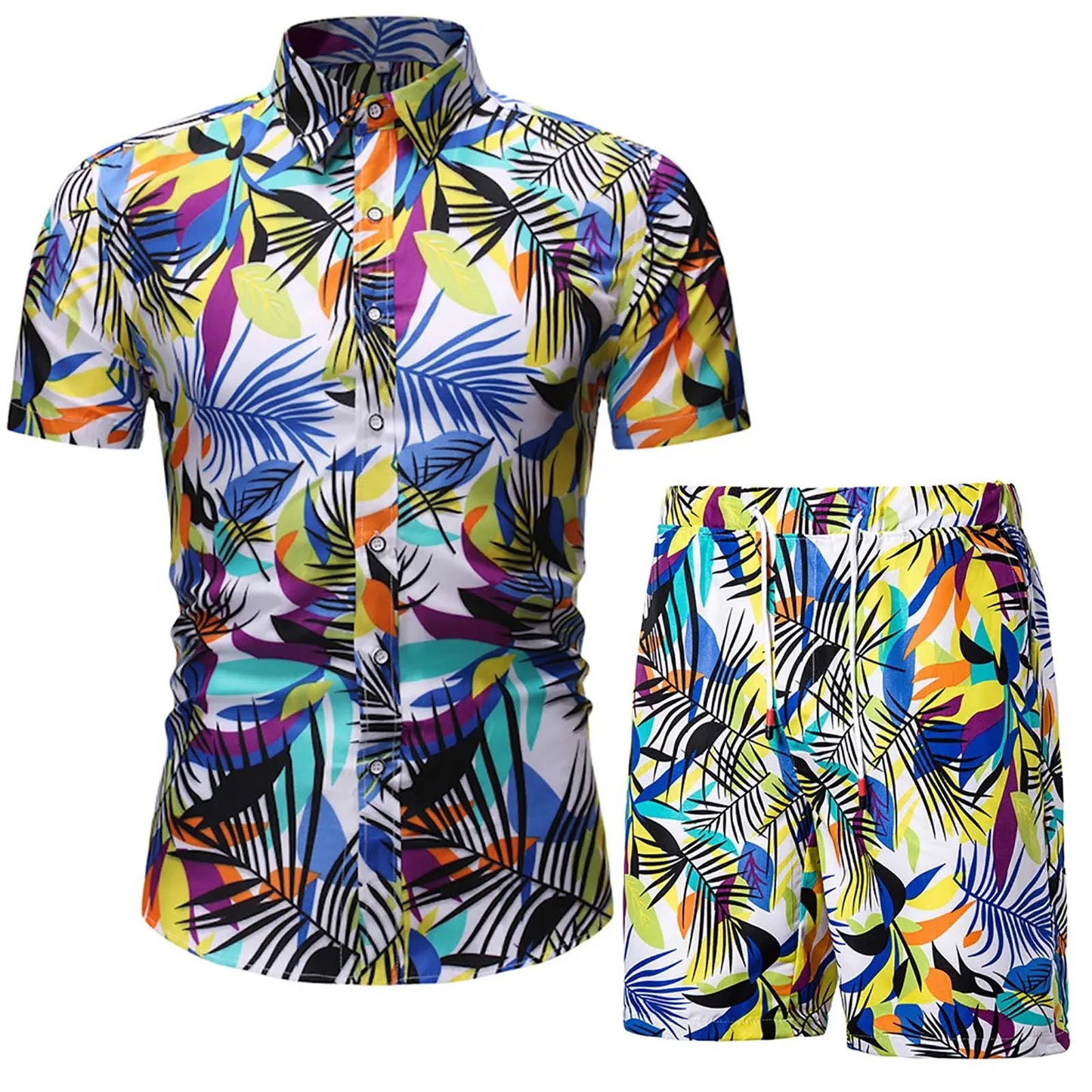 Floral Leaf Printed 2PCS Shirts Suits Men Fashion Shirts+Shorts 3D Two Piece Sets Hawaii Shirts Beach Shirt Sets Boy Beach Sets