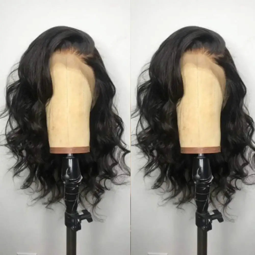 Black Short Body Wave Lace Front Wigs Glueless Natural Wave Synthetic Heat Resistant Fiber Hair Wig With Baby Hair 16 Inch