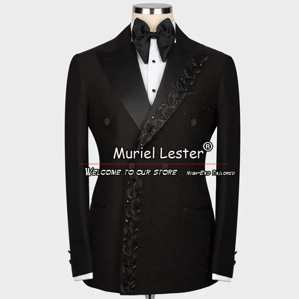 Luxury Wedding Suits Double Breasted Blazer Pants 2 Pieces Groom Tuxedos  Crystals Beads Men's Dress Customized Man Clothing