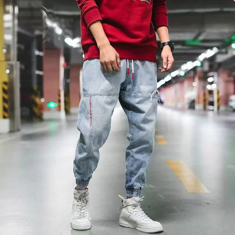 Light Blue Denim Pants for Men Trendy Loose Harem Jeans Retro Ankle-length Pants with Elastic Cuffs Cargo Pants Plus Size 5XL