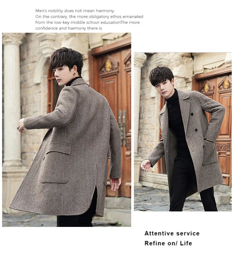 2023 Men's Autumn Winter New Long Woolen Windbreaker Coats Male Double-breasted Casual Jackets Men Wool Blends Outerwear