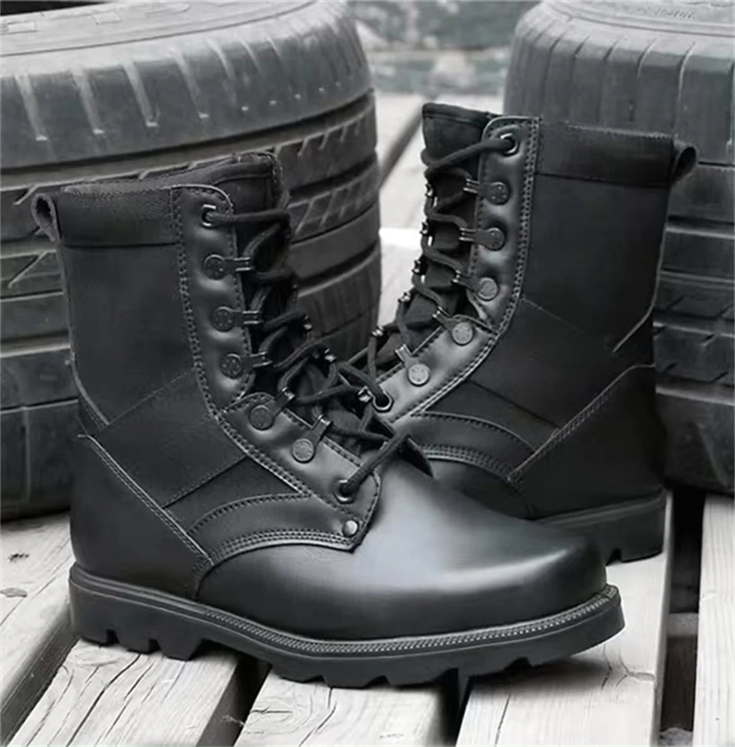 High Top Black Leather Tactical Boots Men's Outdoor Hunting Shoes Waterproof Breathable Steel Head Hiking Training Boots